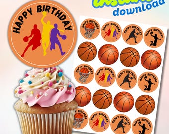 6 adornos para cupcakes con temática de baloncesto, decoración imprimible para tartas de fiesta deportiva, decoraciones de cumpleaños DIY con aro naranja, descarga instantánea