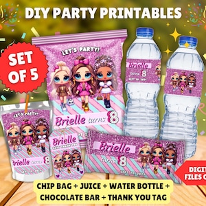 Little Doll Birthday Party Bundle Chip Bags Juice Label Water Bottle Label Birthday Thank You Tag Chocolate Wrapper Customized Digital Files