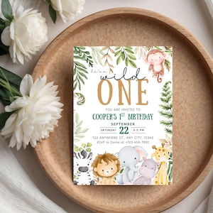 Safari Wild One Birthday Invitation Editable Template Boy First Birthday Party Printable Forest Animal Theme Invite Jungle Animals Party