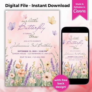 Modelo de convite de aniversário de borboleta editável, festa de jardim de borboleta rosa, convite para celular para o primeiro aniversário infantil para impressão, download instantâneo