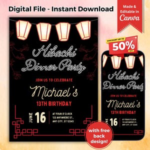Editable Hibachi Invitation Template Japanese Restaurant Dinner Birthday Party Japanese Invite Asian Black and Red Themed Hibachi Evite