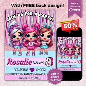 Kleine Puppe Überraschung Geburtstagseinladung bearbeitbare Vorlage Cute Doll Bday Digital Card Fashion Birthday Invite Pink Evite Instant Download