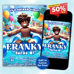 May include: A blue and white invitation for a birthday party with a cartoon character in a pool. The invitation says "it's splash time!" and "FRANKY turns 8!" with the date July 20th and time 4:00-6:00 pm. The invitation also includes an address and a phone number to RSVP.