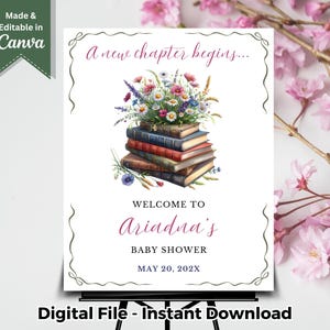 Editable A New Chapter Begins Baby Shower Welcome Sign Template Storybook Wildflower Vintage Baby Shower Decor Book Theme Baby Shower Ideas