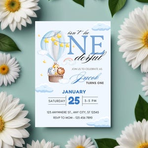 Modelo de convite para festa de aniversário com balão de ar quente editável, não é? Convite de primeiro aniversário com tema Boho Clouds, 1º aniversário Evite