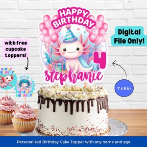 Editable Axolotl Cake Topper Girl Birthday Customizable Pink Axolotl Girl Cake Topper Personalized Printable Cake Decoration Template PNG