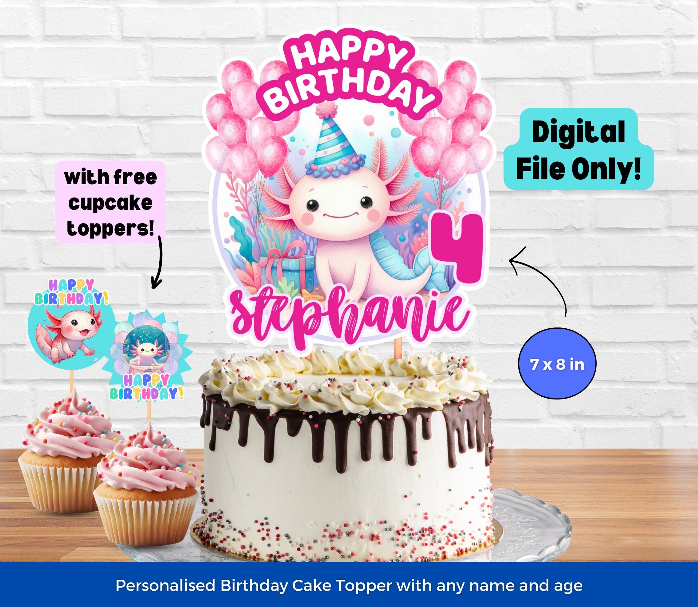 Editable Axolotl Cake Topper Girl Birthday Customizable Pink