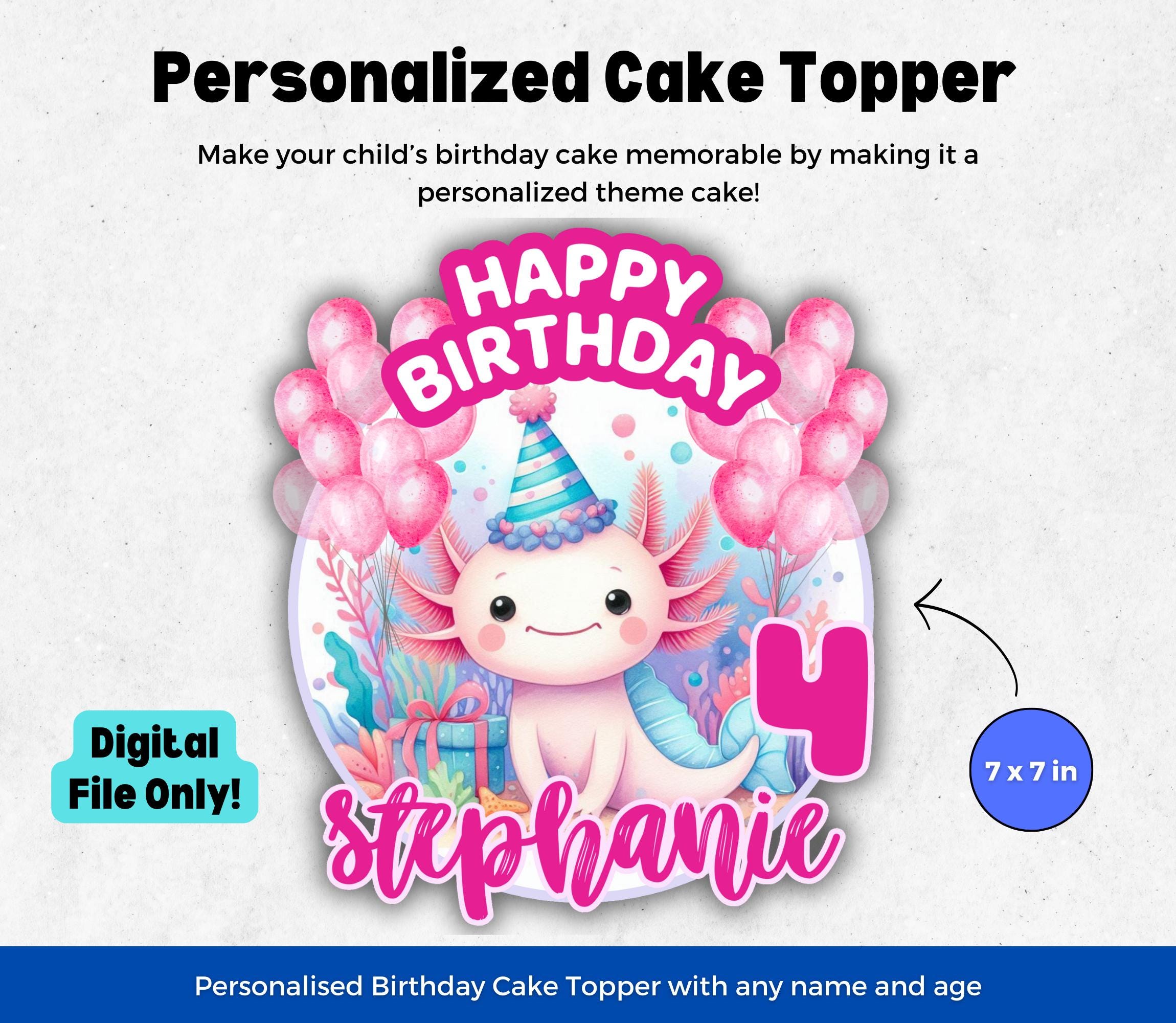 SHADOAMP Axolotl Birthday Cake Topper - Double-Sided, 5.5x4 Inch, Pastel Theme Party Decoration