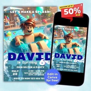 Pode incluir: Um convite de aniversário azul e branco com um personagem de desenho animado em uma piscina. O convite diz "Let's Make a Splash!" e "David está fazendo 6 anos". Inclui a data, a hora e o local da festa. O convite também diz "Edit in Canva for free!"