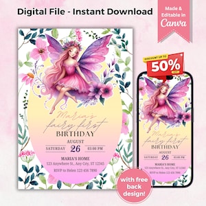 Fairy First Birthday Invitation for girls Editable Template, Enchanted Forest Invite Girl 1st Birthday Party Rainbow Fairies Themed Evite