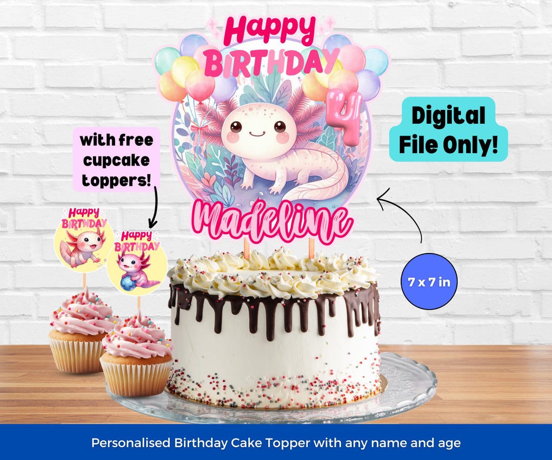 Axolotl Birthday Cake Topper, Customizable Pink Girl Party Decor