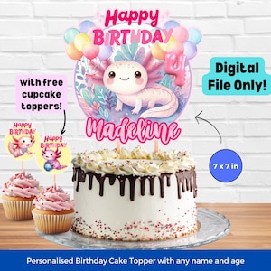 Custom Axolotl Cake Topper Girl Personalizable Pink Axolotl Girl Cake Topper Birthday Cupcake Topper Printable Cake Decoration Template PNG