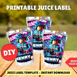 May include: Printable juice box labels featuring a Roblox character with a blue and pink background. The labels say "Let's Party!" and include the name "Henry" and the text "Has Reached Level". The labels are DIY and digital files only.