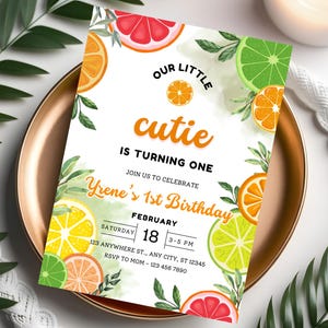 Little Cutie First Birthday Invitation Editable Template Botanical Orange 1st Birthday Invite Spring summer birthday fruit Citrus Invitation