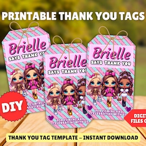 Etiquetas de agradecimento personalizadas para aniversário de boneca, modelo para impressão, etiqueta para lembrancinha faça você mesmo, festa de aniversário surpresa de menina rosa, download instantâneo, arquivo digital