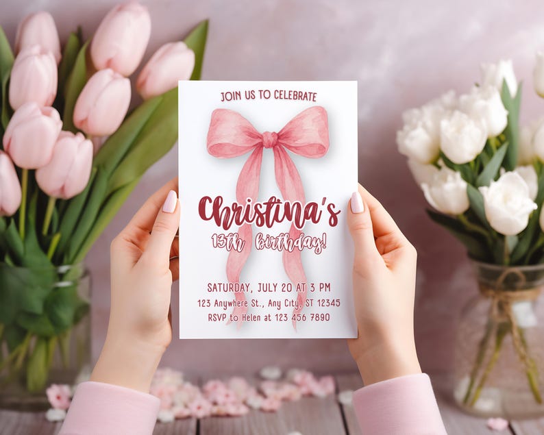 Editable Pink Bow 13th Birthday Invitation Template Dainty Coquette Editable Pink Bow 13th Birthday Invitation Template Dainty Coquette