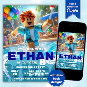 Blox Pool Party Birthday Invitation Editable Template, Boys Roblox Gamer Pool Party Invite, Beach Theme Kids Birthday Evite