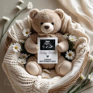 Boho Neutral Schwangerschaft Ankündigung bearbeitbare Vorlage Teddybär Ultraschall Digital Baby Reveal Idee Social Media Baby Post Surprise Reveal