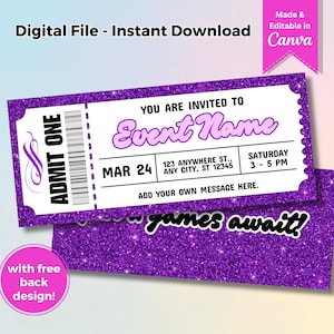 Bearbeitbares Surprise Event Ticket Purple Glitter Geburtstagseinladung Printable Sparkly Invite Eras Tour Geburtstagsparty Canva Vorlage