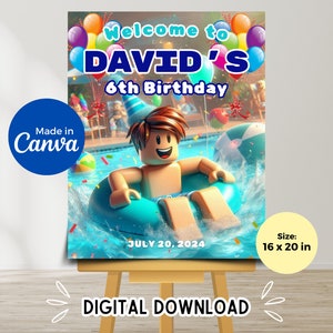 Modelo de placa de boas-vindas de aniversário Blox para impressão, pôster decorativo, banner de aniversário de menino Roblox, placa de festa de menino editável Canva, festa de aniversário Roblox