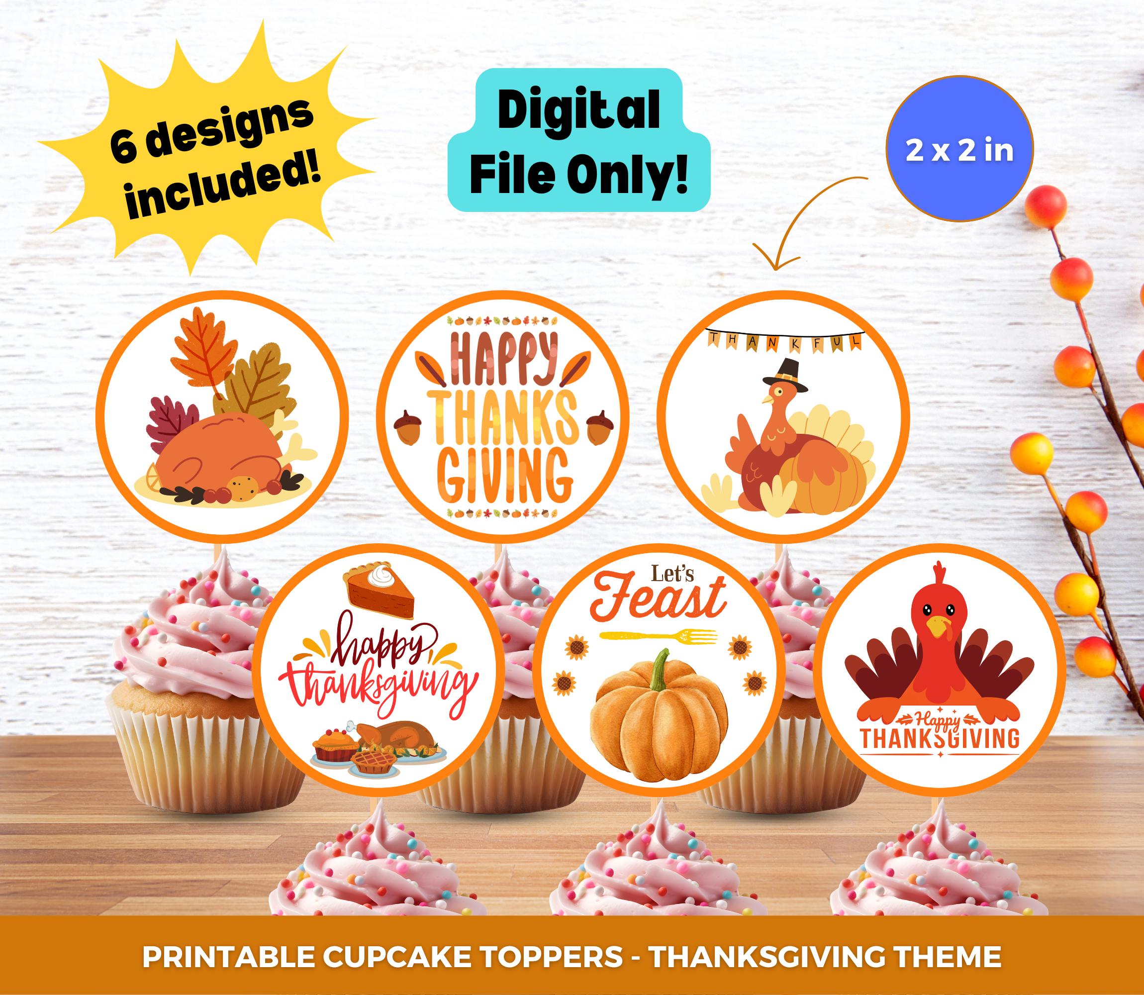 6 thanksgiving cupcake toppers printable turkey feast pumpkin pie
