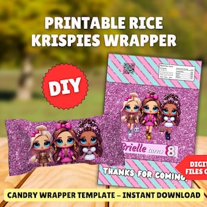 Little Doll Rice Krispies Wrapper Template Printable DIY Chocolate Wrapper Customizable Fashion Doll Surprise Birthday Instant Download File