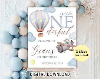 Onederful Boy First Birthday Welcome Sign Editable Template, Printable Hot Air Balloon Party Poster Decor Sign, Canva Instant Download