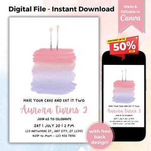 Baby Girl 2nd Birthday Invitation Have Your Cake and Eat it Two Pink Watercolor Cake Pastel Birthday Minimalist Invite Editable Template