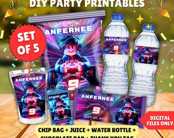 Bolsa de papas fritas Blox Boy, etiqueta para jugo, etiqueta para botella de agua, etiquetas de agradecimiento de cumpleaños, envoltorio de chocolate, archivos digitales para fiesta de gamer, personalización gratuita