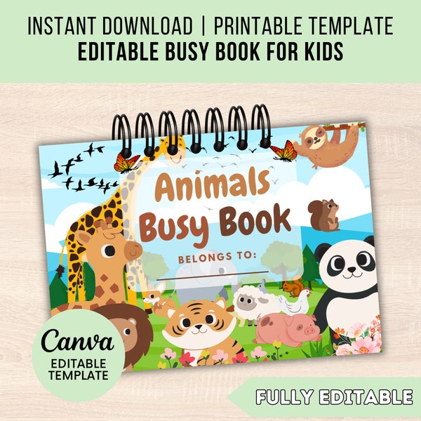 Educational Busy Book for Toddlers & Kids Canva Editable Busy Book Template Animal Theme Printable Preschool Worksheets Activities