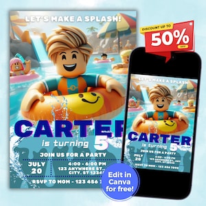 May include: A blue and green birthday invitation featuring a cartoon character wearing a blue shirt and an orange life ring. The invitation reads "Let's Make a Splash!" and "Carter is turning 5". The invitation includes the date, time, and location of the party.