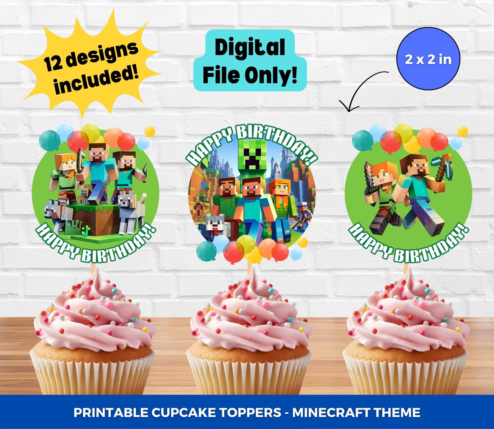 12 Minecraft Cupcake Topper Printable Minecrafter Creeper Birthday ...