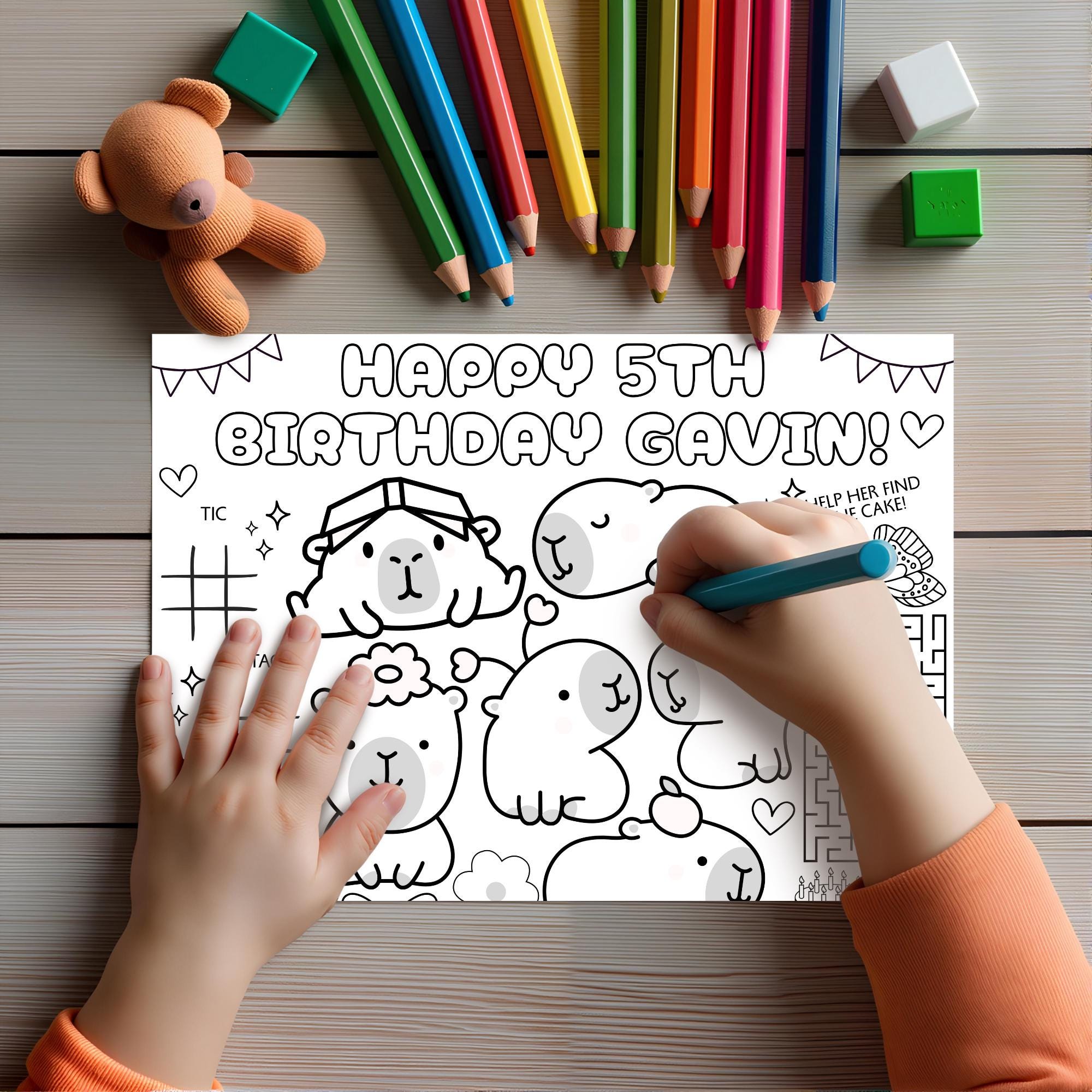 Capybara Coloring Page PDF, Cute Animal Birthday Placemat, Kids Safari ...