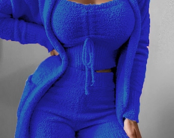 3-teiliges Fleece-Pyjama-Set für Damen mit Push-Up-Oberteil und -Hose, langem Cardigan-Sweatshirt und gemütlichem Fleece-Trainingsanzug