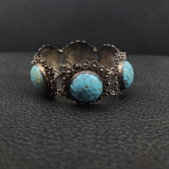 925 Solid Sterling Silver Round Turquoise Cabocho… - image 2