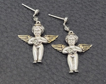 Vintage 925 Sterling Silver Cherub Angel Earrings w/ Gold Tone Wings