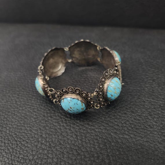 925 Solid Sterling Silver Round Turquoise Cabocho… - image 1