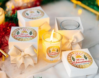 Personalized Christmas Candle Gift Set, Handmade Holiday Favor Box