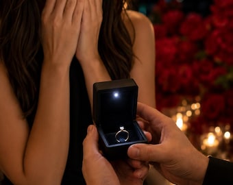 LED Lighted Ring Box for Proposal, Velvet Engagement Ring Box with Light, Illuminated Jewelry Case, Surprise Proposal Gift, Slim Ring Box