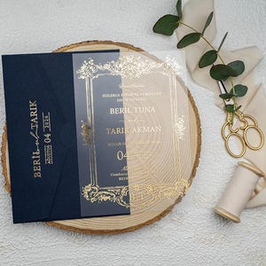 Faire-part de qualité supérieure en acrylique transparent avec feuille d'or pour mariages, anniversaires, faire-part bleu marine, faire-part transparent