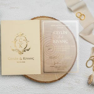 Faire-part de qualité supérieure en acrylique transparent avec feuille d'or pour mariages, anniversaires, faire-part transparent, faire-part en or