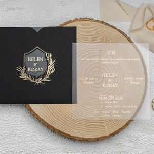 Faire-part de qualité supérieure en acrylique transparent avec feuille d'or pour mariages, anniversaires, faire-part transparent, faire-part noir