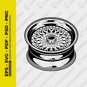 Puede incluir: Una ilustraci&oacute;n en blanco y negro de una rueda de coche con un dise&ntilde;o de radios detallado. La rueda se muestra desde una perspectiva ligeramente inclinada.