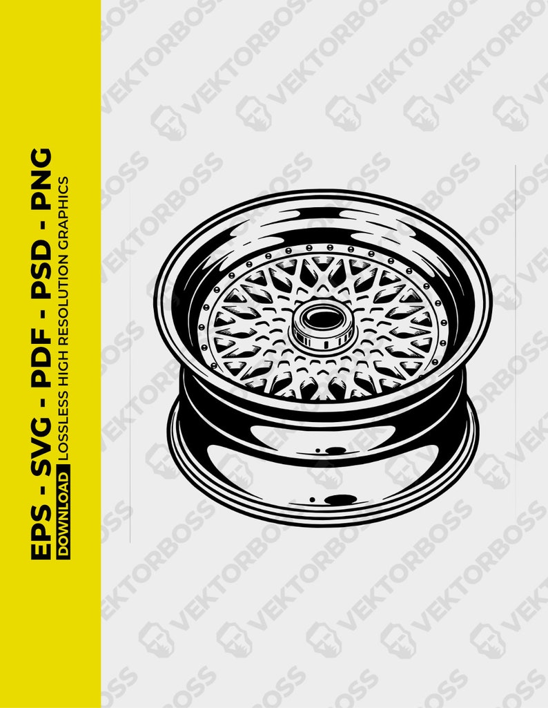 Puede incluir: Una ilustraci&oacute;n en blanco y negro de una rueda de coche con un dise&ntilde;o de radios detallado. La rueda se muestra desde una perspectiva ligeramente inclinada.