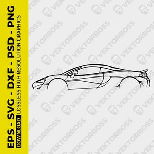 Könnte beinhalten: Eine Schwarz-Weiß-Strichzeichnung eines Sportwagens. Das Auto hat ein schlankes Design mit niedrigem Profil, geschwungenem Dach und Heckspoiler. Das Bild enthält den Text "EPS - SVG - DXF - PSD - PNG" und "DOWNLOAD LOSSLESS HIGH RESOLUTION GRAPHICS".