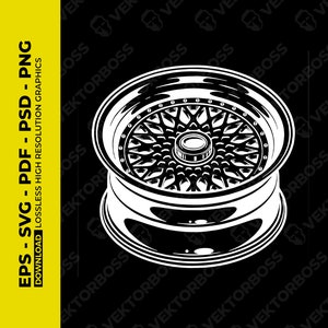 Puede incluir: Una ilustraci&oacute;n en blanco y negro de una rueda de coche con un dise&ntilde;o de radios detallado. La rueda se muestra de lado, con los radios que irradian desde el centro del cubo.