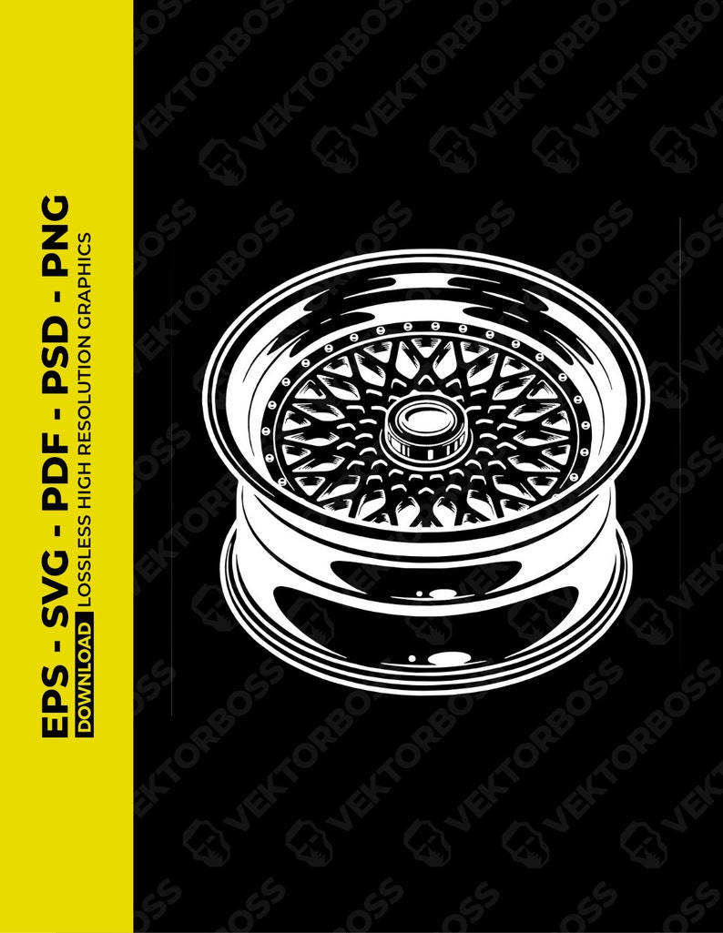 Puede incluir: Una ilustraci&oacute;n en blanco y negro de una rueda de coche con un dise&ntilde;o de radios detallado. La rueda se muestra de lado, con los radios que irradian desde el centro del cubo.