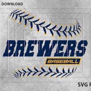 Puede incluir: Un gráfico de béisbol azul y amarillo con la palabra "Brewers" y el texto "Baseball" debajo. El gráfico presenta una pelota de béisbol con costuras y un bate de béisbol.