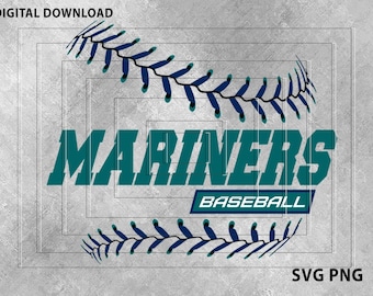 May include: A teal and white baseball graphic with the word "Mariners" in teal text and the word "Baseball" in white text. The graphic features a baseball with stitching.