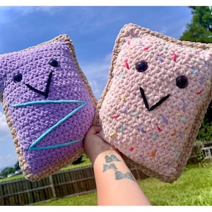 May include: Two handmade crochet pillows shaped like Pop-Tarts. One is purple with a blue zig-zag design, the other is pink with colorful sprinkles. Both have black eyes and smiles, and a tan border.